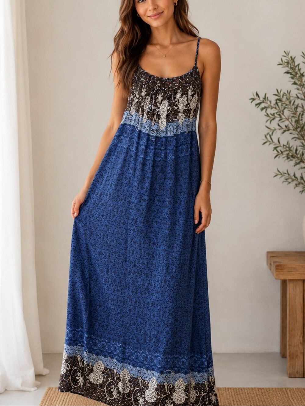 Blue Brown Lughtweight Maxi Dress Elastic Front Scoop Back Sz M Boho Resortwear